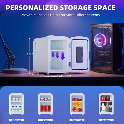 Mini Compact Refrigerator with Gaming Light,4L Capacity/6 Cans Portable Mini Fridge,For Bedroom,Car,Office and Dorm,Small Cooler for Cosmetics,Beverage and Food,White
