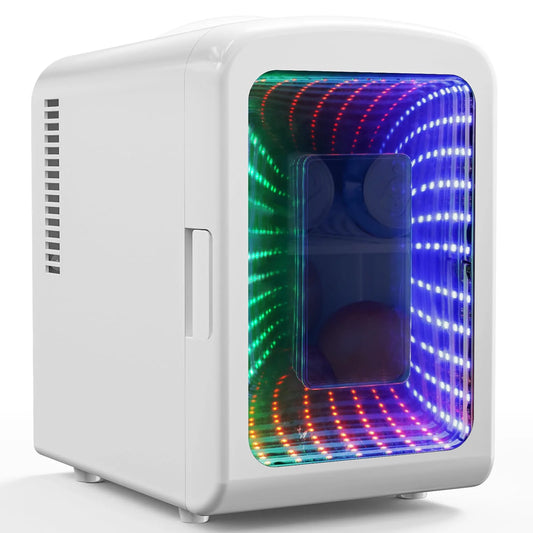 Mini Compact Refrigerator with Gaming Light,4L Capacity/6 Cans Portable Mini Fridge,For Bedroom,Car,Office and Dorm,Small Cooler for Cosmetics,Beverage and Food,White