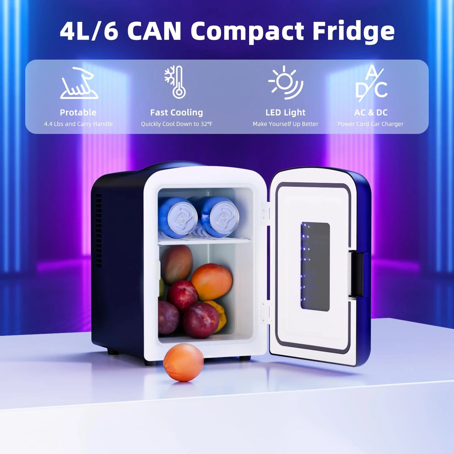 Portable Mini Fridge 4L Capacity/6 Cans,Mini Compact Refrigerator with Gaming Light for Bedroom,Car,Office and Dorm,Small Skincare Fridge Beverage Cooler for Drinks and Food,Black